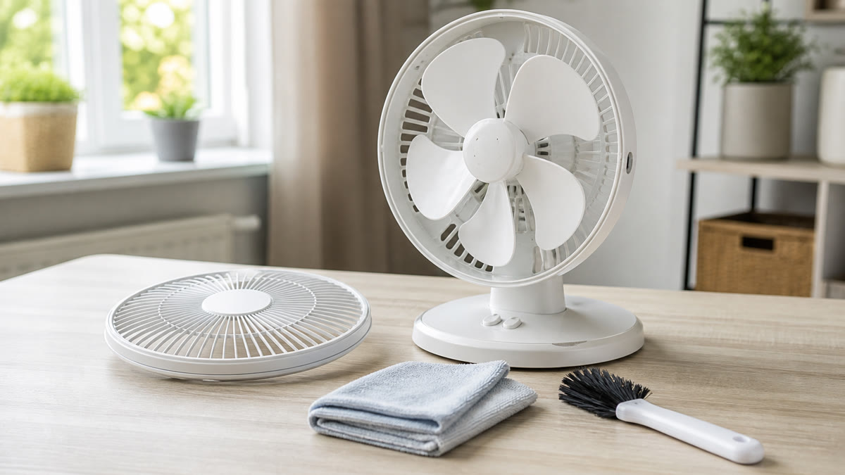 Comment nettoyer son ventilateur : ventilateur démonté avec chiffon et brosse