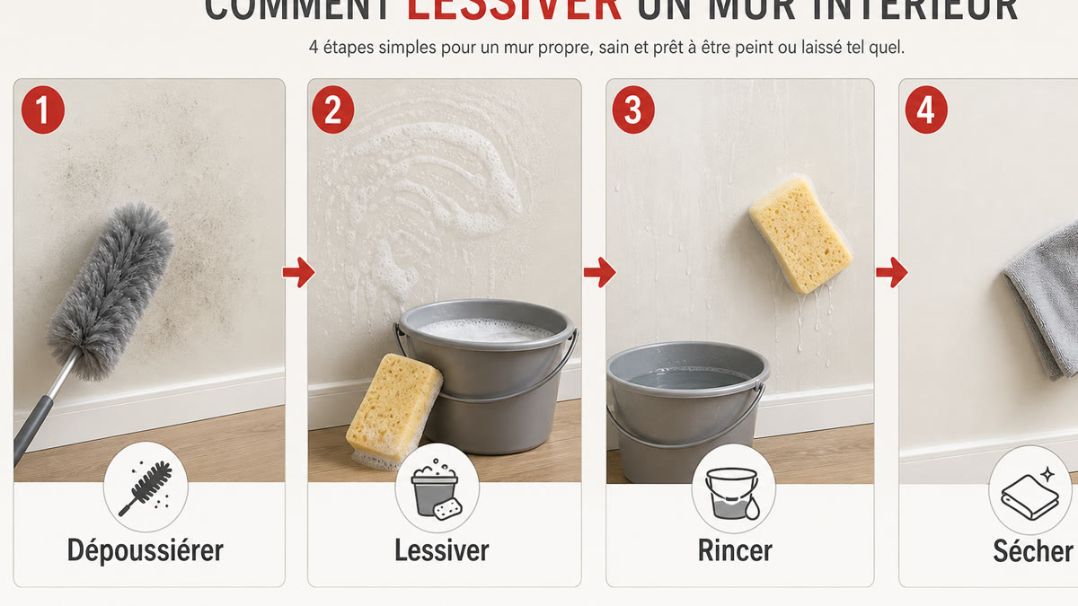 Comment lessiver un mur en quatre étapes : dépoussiérer, lessiver, rincer et sécher
